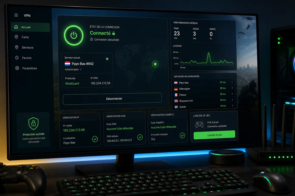 Interface VPN connectée pour tester Fortnite avant une partie