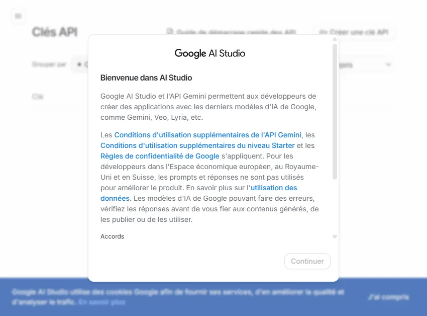 Écran des conditions Google AI Studio avant l’accès aux clés API