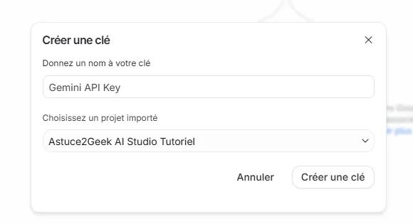 Fenêtre Créer une clé dans Google AI Studio avec le projet importé sélectionné