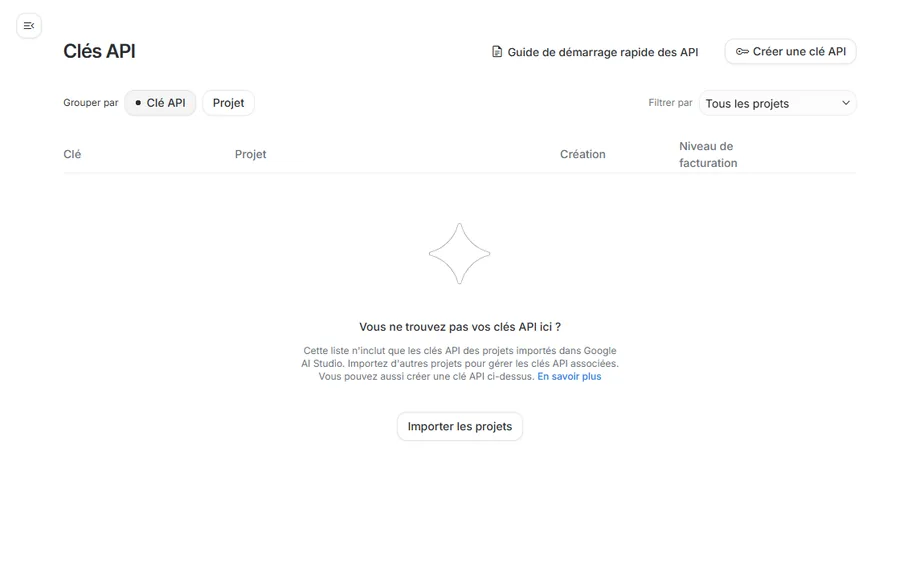 Page Clés API de Google AI Studio avec le bouton Créer une clé API