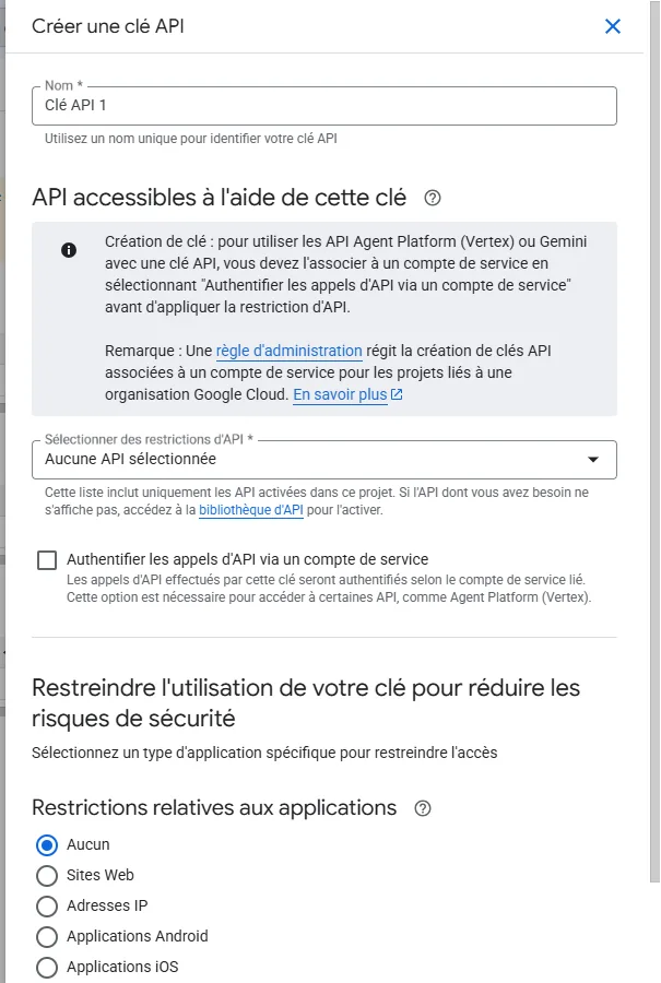 Panneau Google Cloud Console pour créer une clé API avec restrictions
