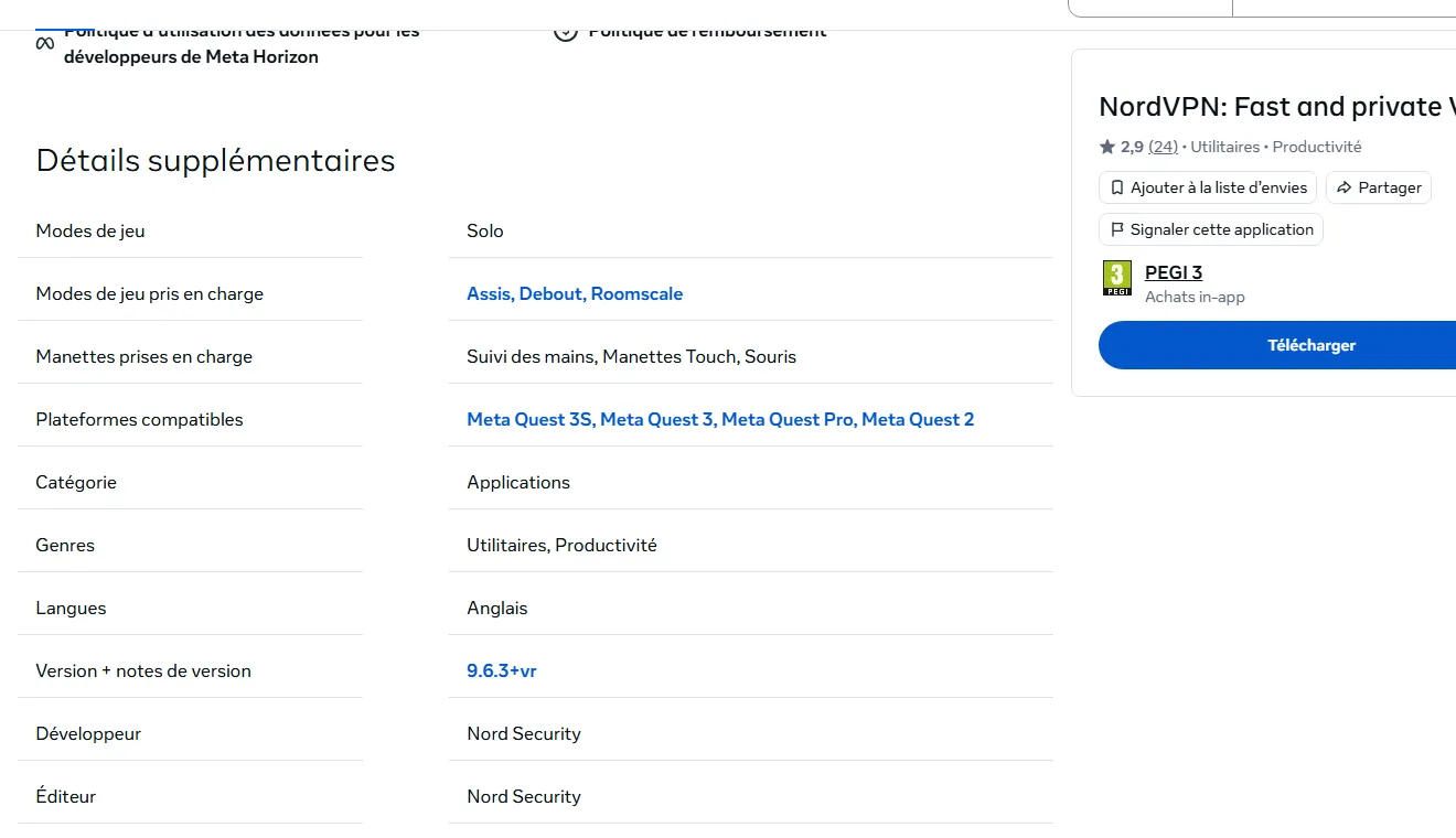 Plateformes compatibles NordVPN dans Meta Horizon Store