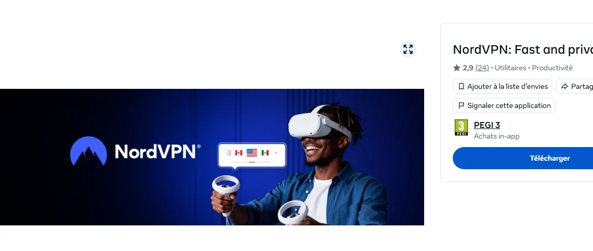 Fiche NordVPN Meta Quest avec bouton Télécharger