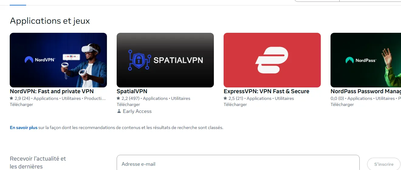 Recherche NordVPN dans Meta Horizon Store