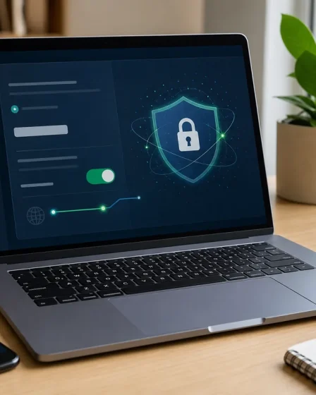 Ordinateur portable avec réglage VPN et symbole de chiffrement post quantique