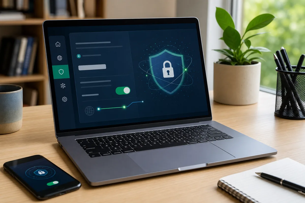 Ordinateur portable avec réglage VPN et symbole de chiffrement post quantique