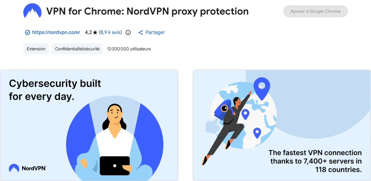 Fiche Chrome Web Store officielle de l’extension NordVPN pour Chrome