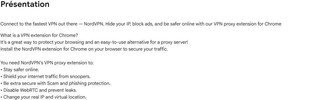 Présentation Chrome Web Store de NordVPN avec protection WebRTC