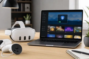 Casque Meta Quest et ordinateur affichant une application VPN