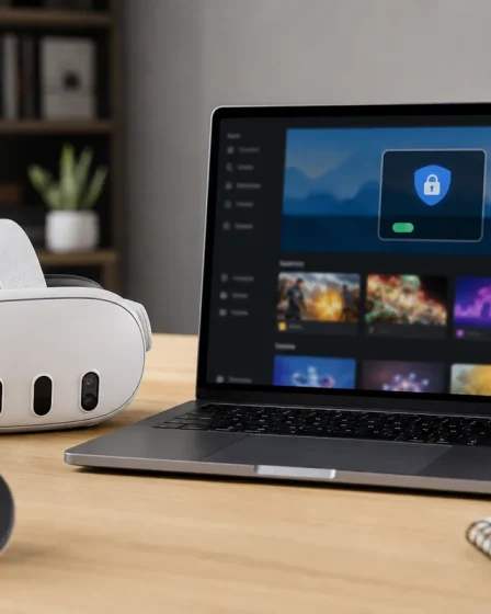 Casque Meta Quest et ordinateur affichant une application VPN