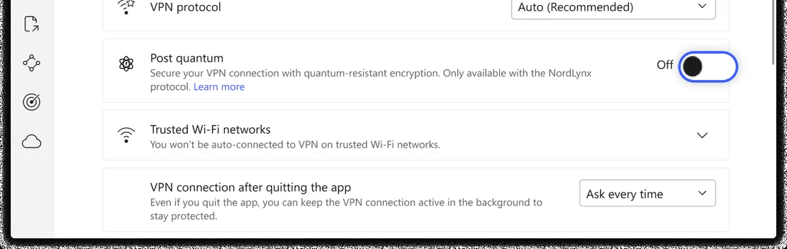 Bouton Chiffrement post quantique dans NordVPN Windows