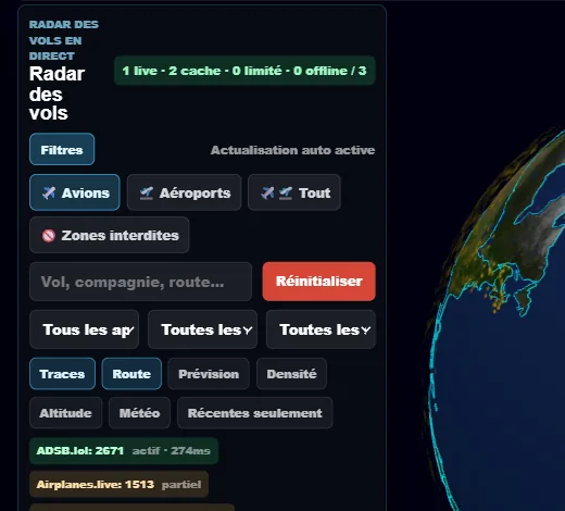 Filtres Pocket World pour chercher un vol, afficher les traces et choisir une source