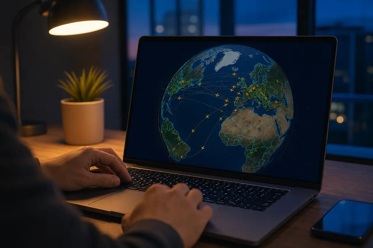 Radar de vol gratuit sur un globe 3D affiché sur un ordinateur portable