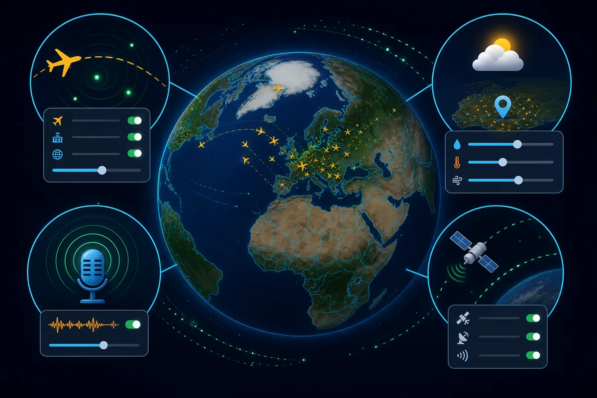 Synthèse visuelle de Pocket World avec avion, radio, météo et satellite autour d'un globe 3D
