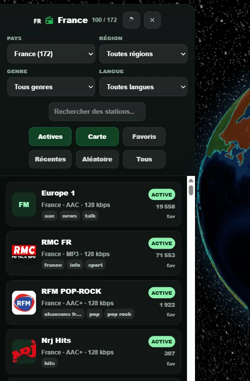 Panneau Radio de Pocket World avec France sélectionnée et stations actives