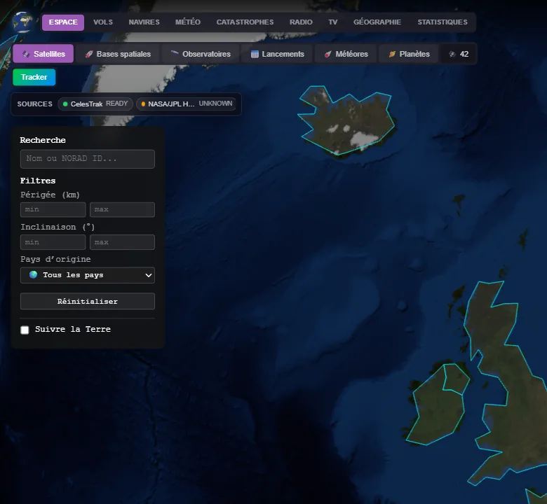 Onglet Espace de Pocket World avec recherche de satellites et filtres