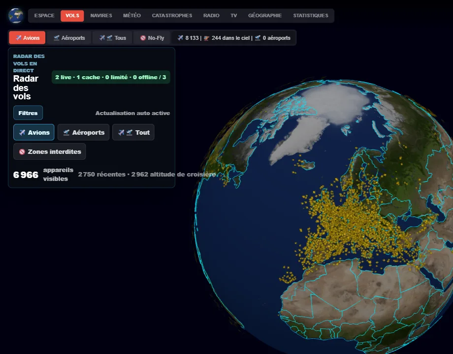 Onglet VOLS de Pocket World avec un radar de vol gratuit sur globe 3D