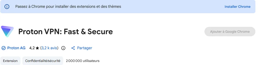 Fiche Proton VPN dans le Chrome Web Store avec l’éditeur Proton AG