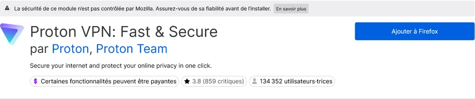 Fiche officielle Proton VPN sur Firefox Add-ons avec le bouton Ajouter à Firefox