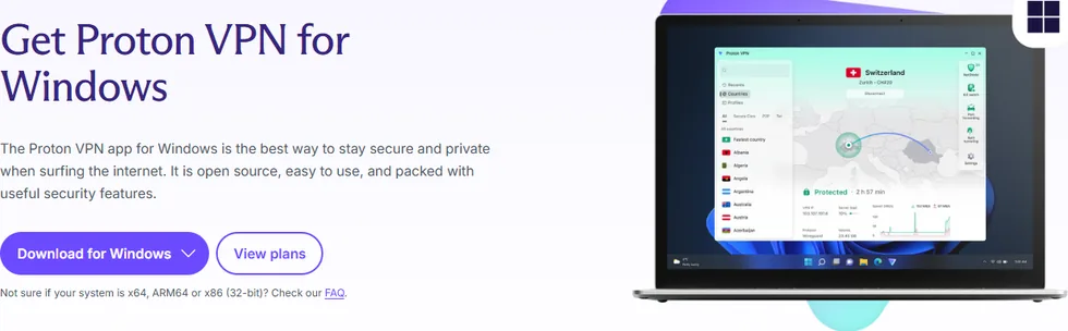 Page officielle de téléchargement Proton VPN pour Windows