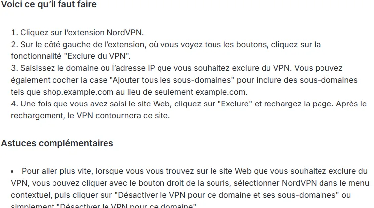 Étapes NordVPN pour exclure un domaine du VPN dans Chrome