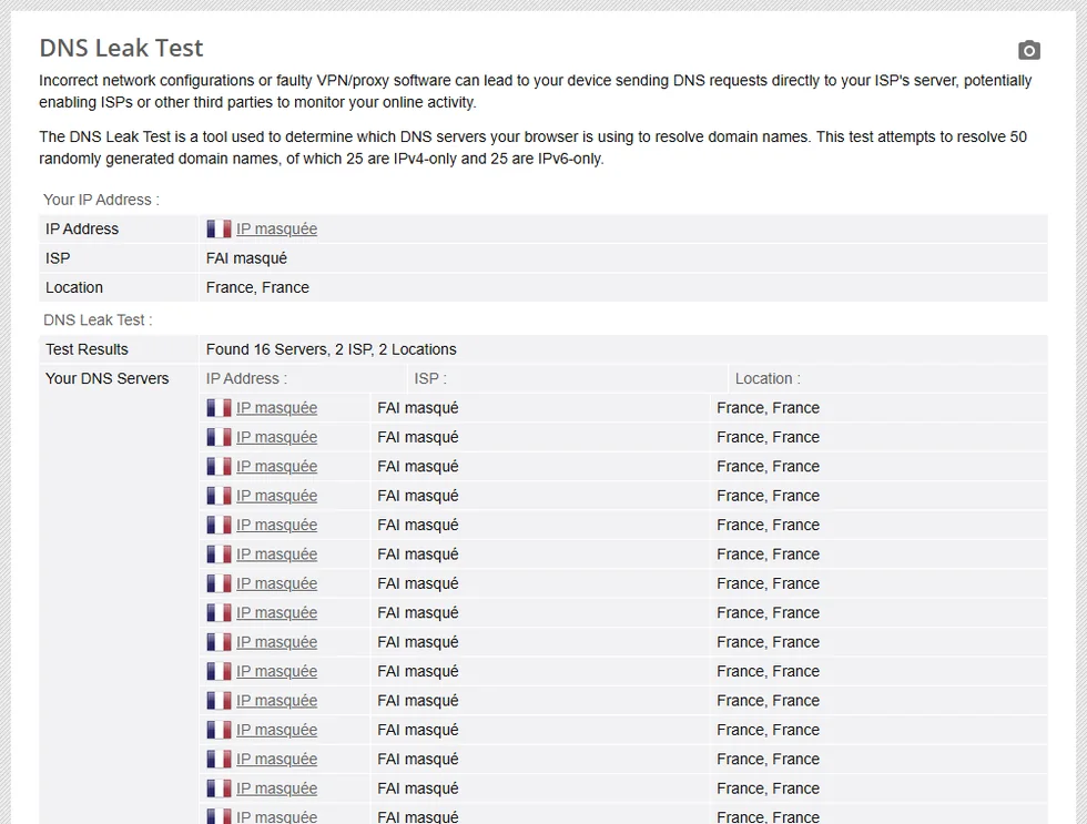 Test DNS BrowserLeaks pour détecter une fuite VPN