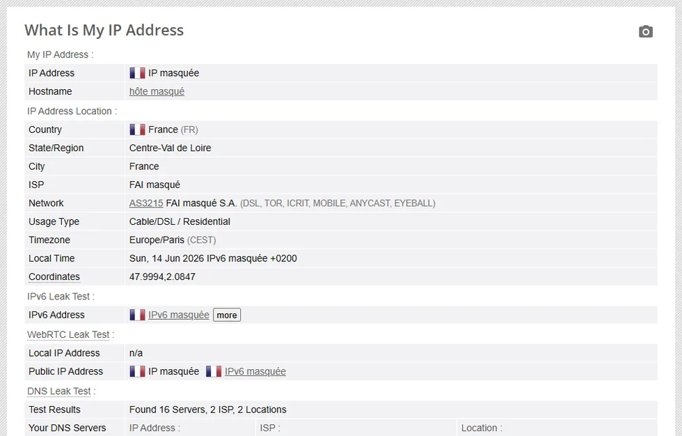 Test IP BrowserLeaks pour vérifier une fuite VPN