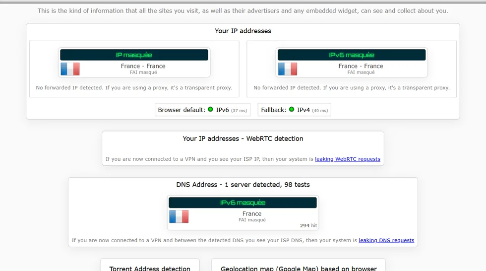Vérification IPLeak pour recouper les fuites VPN