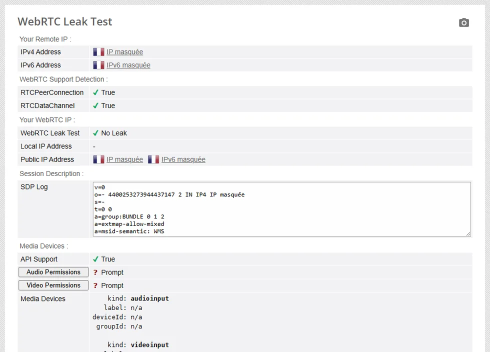 Test WebRTC BrowserLeaks pour repérer une fuite VPN