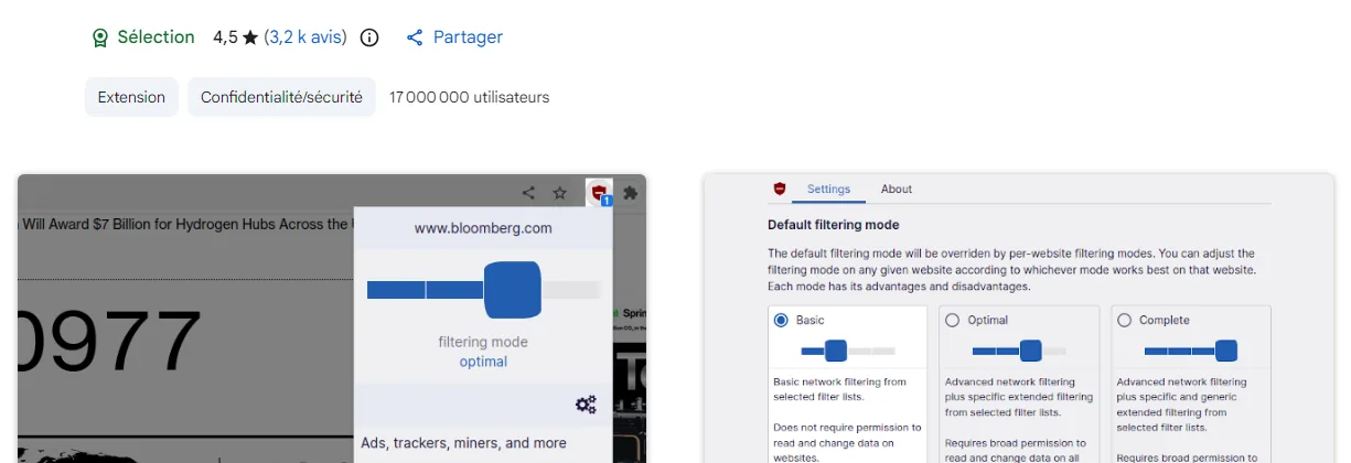 Aperçus de uBlock Origin Lite avec les modes de filtrage