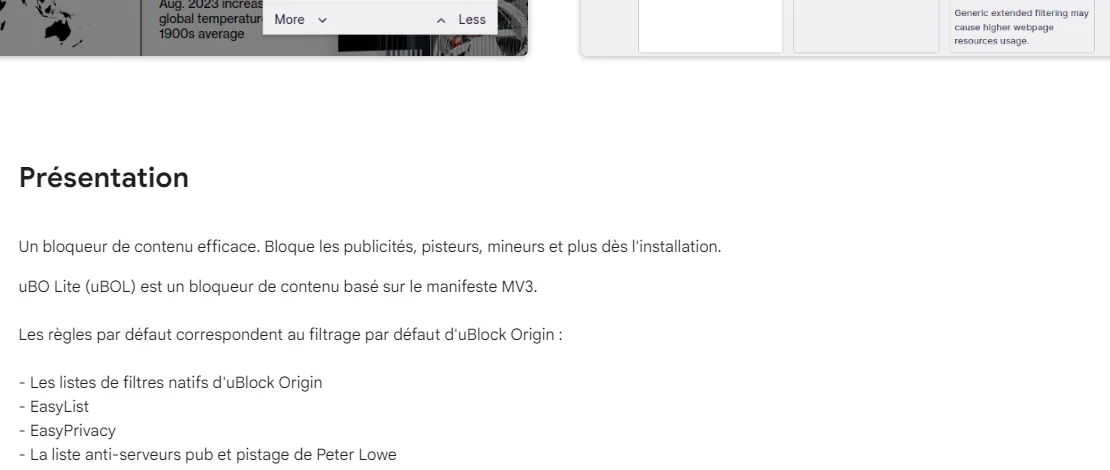 Présentation uBlock Origin Lite avec les listes de filtres par défaut