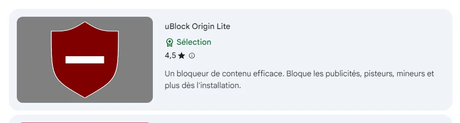 Résultat uBlock Origin Lite dans le Chrome Web Store