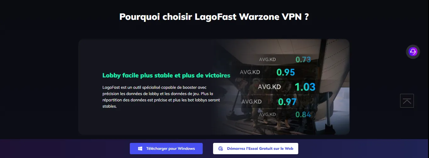 Section avantages LagoFast Warzone VPN avec données KD