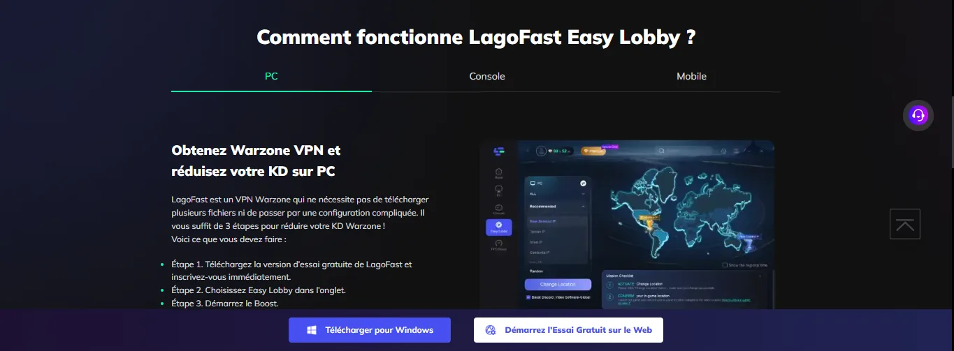 Section fonctionnement LagoFast Easy Lobby sur PC
