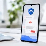 Smartphone Android affichant une alerte de SMS suspect avec protection VPN