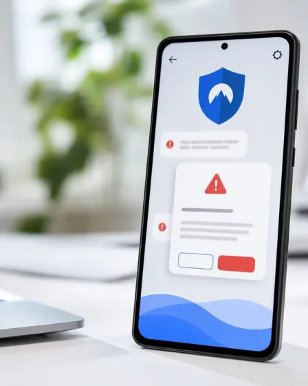 Smartphone Android affichant une alerte de SMS suspect avec protection VPN