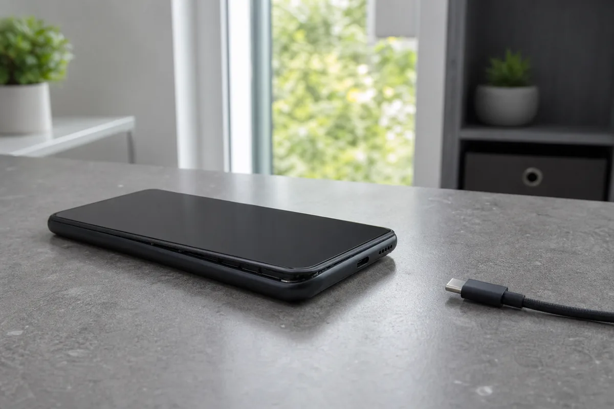 Smartphone déformé par une batterie gonflée avec câble de charge débranché
