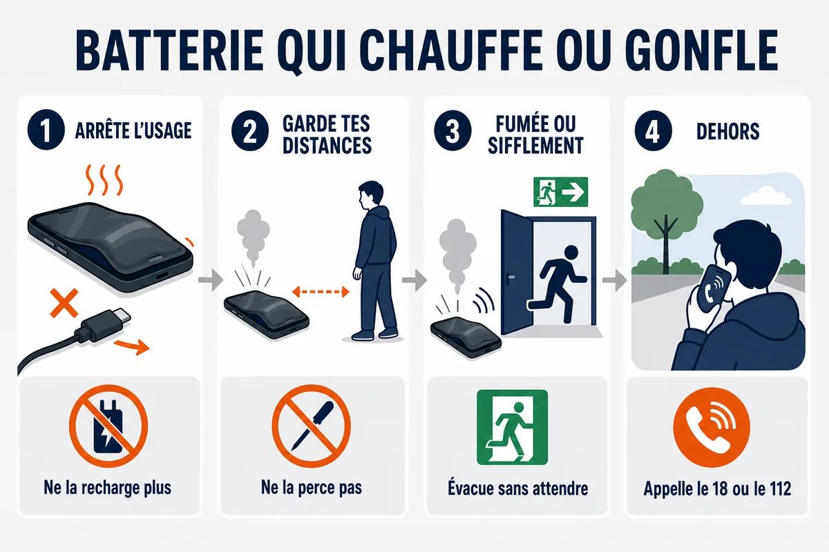 Infographie des actions à suivre si une batterie lithium chauffe gonfle ou fume