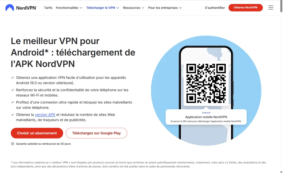Page Android officielle NordVPN avec téléchargement Google Play