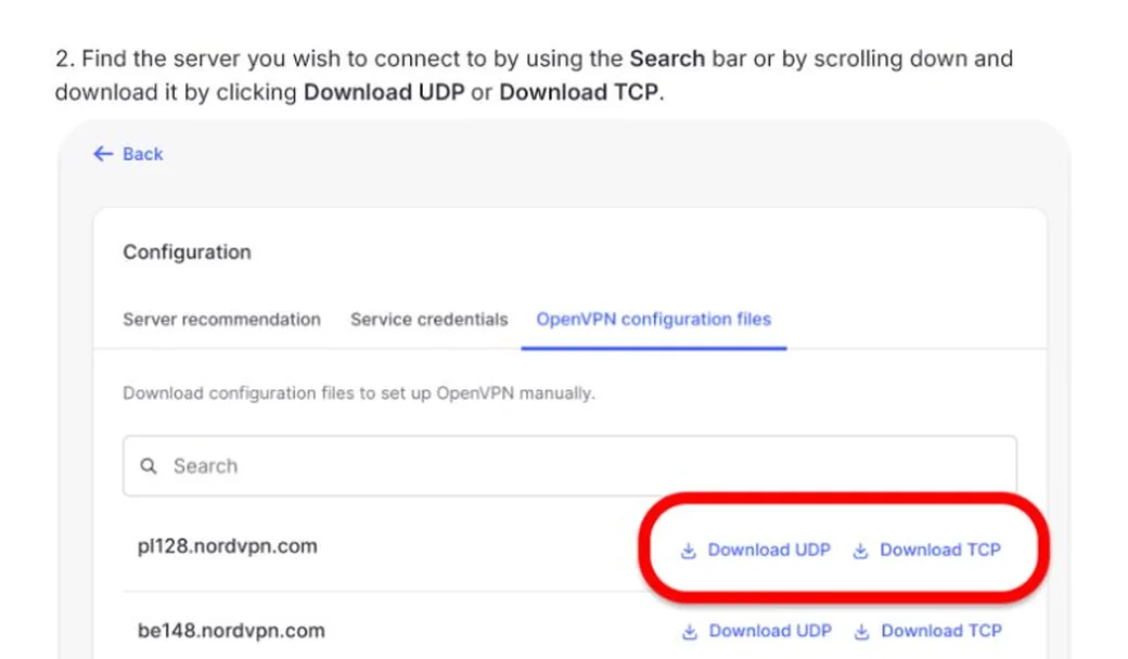 Zone NordVPN pour télécharger un fichier de configuration OpenVPN UDP ou TCP
