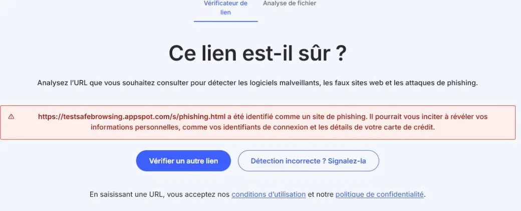 Résultat NordVPN Link Checker signalant un site de phishing