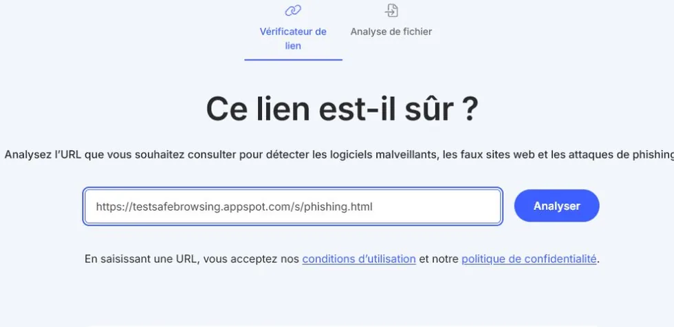 Champ NordVPN Link Checker rempli avec une URL de test
