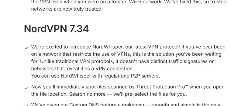 Notes de version NordVPN Windows montrant l'arrivée de NordWhisper