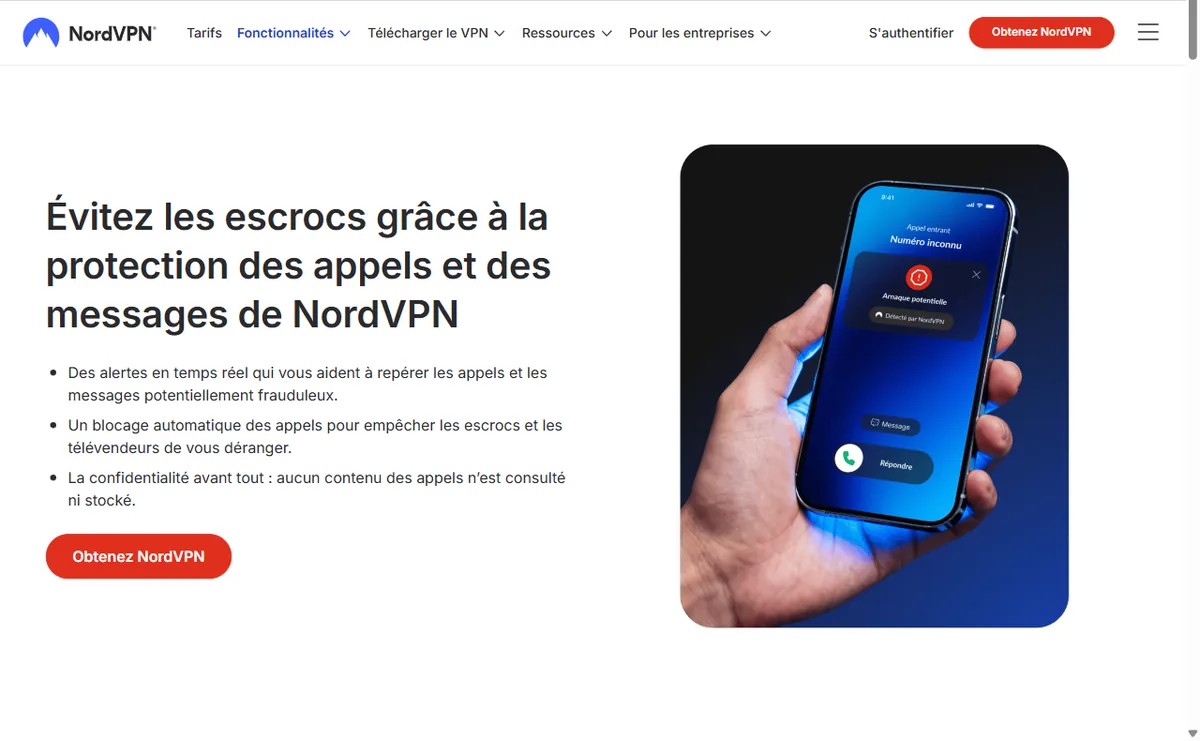 Fonction officielle NordVPN de protection des appels et messages