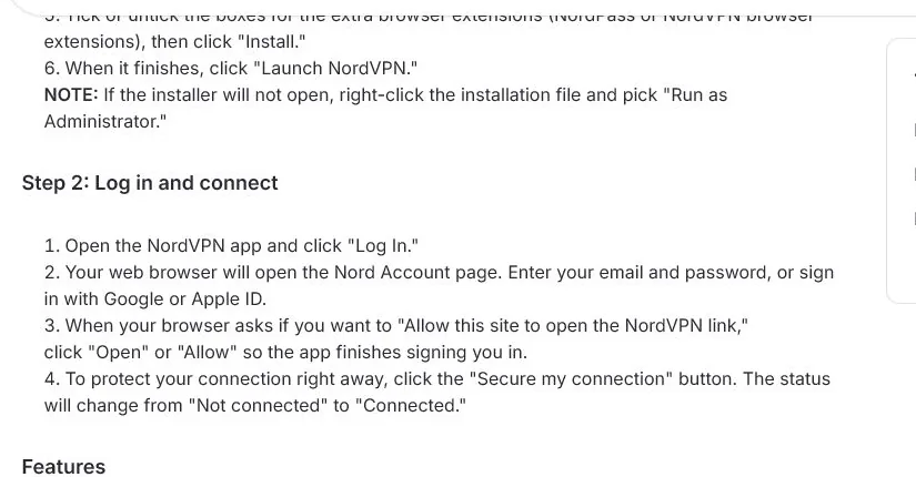Support NordVPN Windows avec étapes de connexion dans l'application