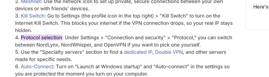 Support NordVPN montrant le réglage Protocole dans l'application Windows