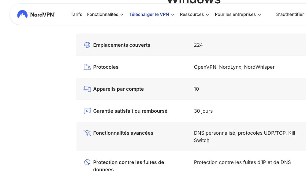 Tableau NordVPN Windows listant OpenVPN NordLynx et NordWhisper