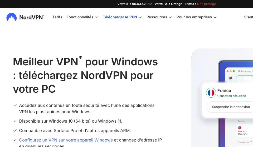 Page NordVPN Windows avec bouton de téléchargement de l'application