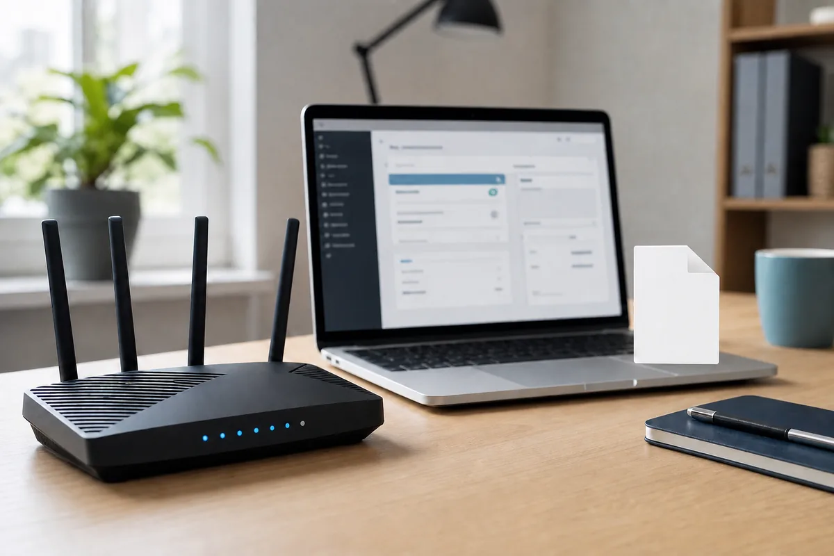 Routeur TP-Link et ordinateur préparant un fichier OVPN NordVPN