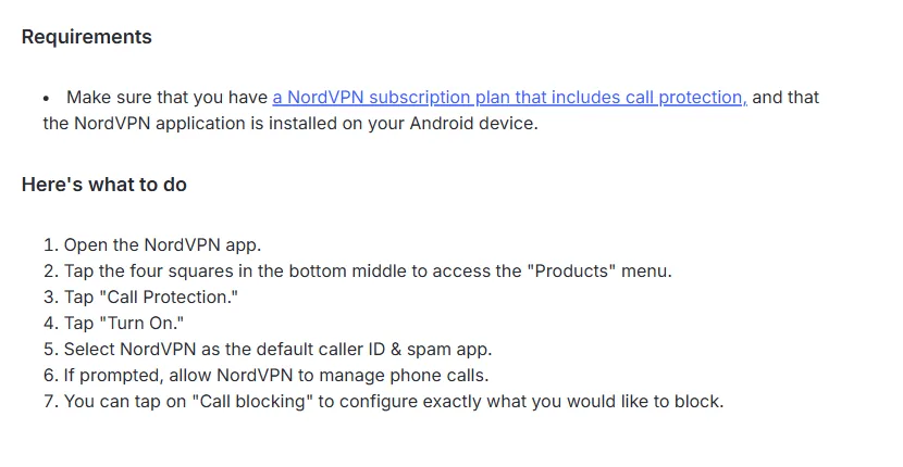 Support NordVPN avec les étapes Turn On de Call Protection